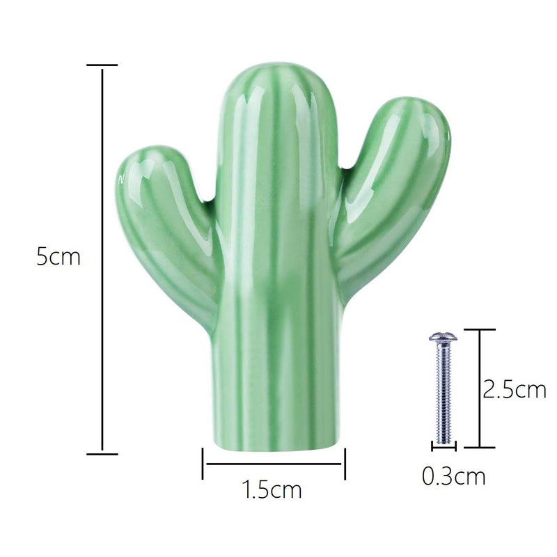 ZILucky Cactus Shape Ceramic Drawer Pulls Handles for Nursery Dresser Cupboard Wardrobe Cabinet Kitchen Desert Green Plant Theme Knobs Pack of 6 (Green) - Image 2